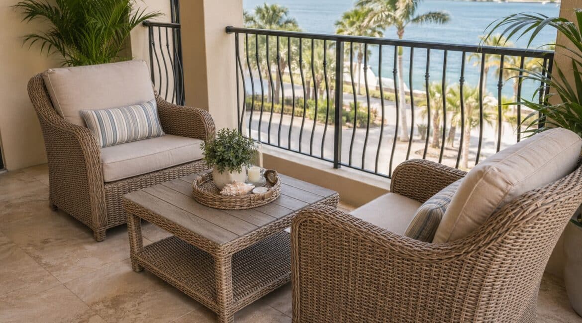 Bonita-style wicker club chairs on a compact Florida apartment balcony