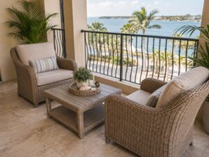 Bonita-style wicker club chairs on a compact Florida apartment balcony