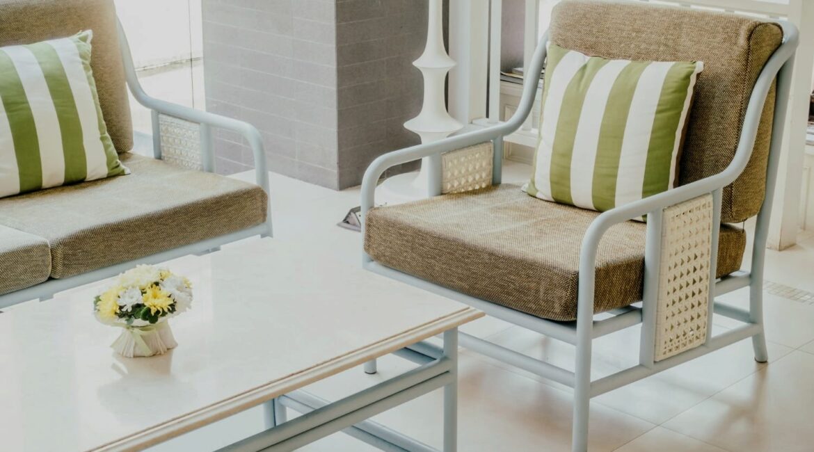 White PVC patio furniture on tile for wobble prevention planning