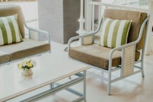 White PVC patio furniture on tile for wobble prevention planning