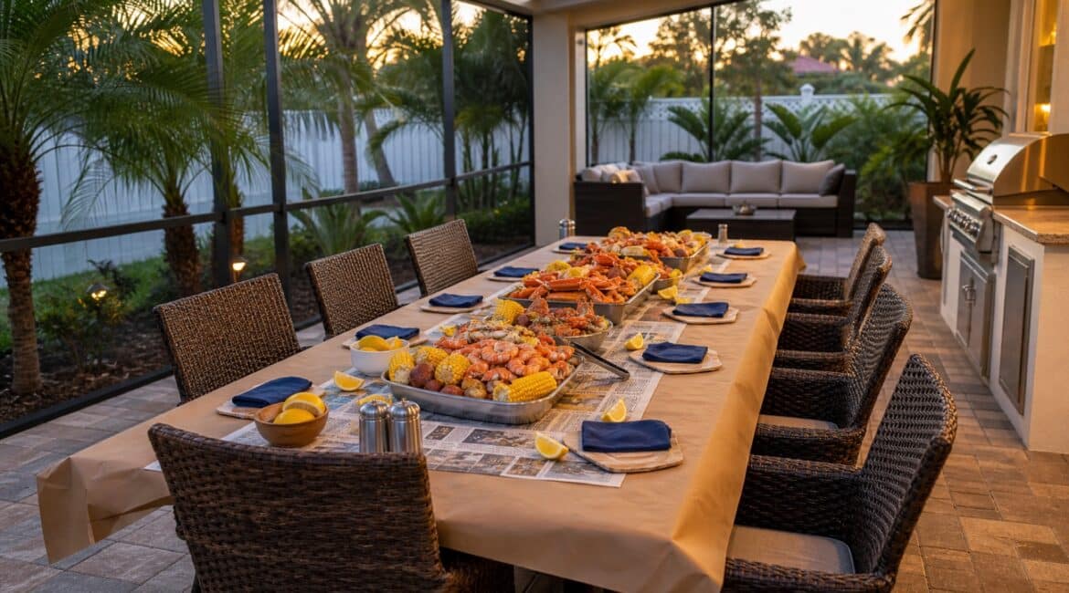 Florida patio seafood boil setup on a long outdoor dining table with easy-clean chairs