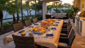 Florida patio seafood boil setup on a long outdoor dining table with easy-clean chairs