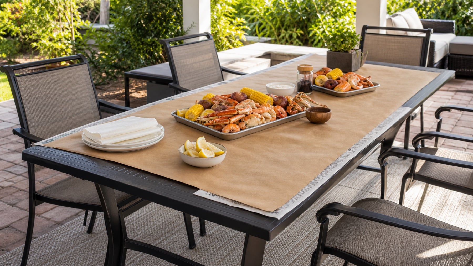 Outdoor table protected with kraft paper and newspaper for a Florida seafood boil