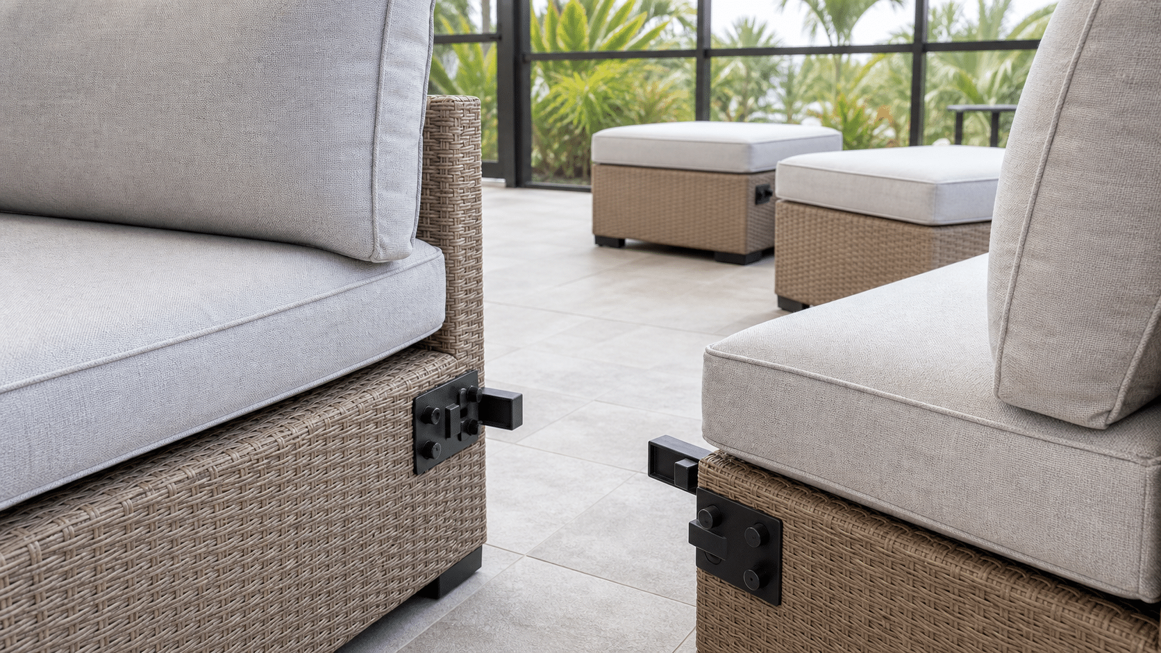 Modular outdoor sectional connector and quick-dry cushion detail on a Florida lanai