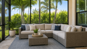 Modular outdoor sectional arranged in an L-shape on a Florida screened lanai