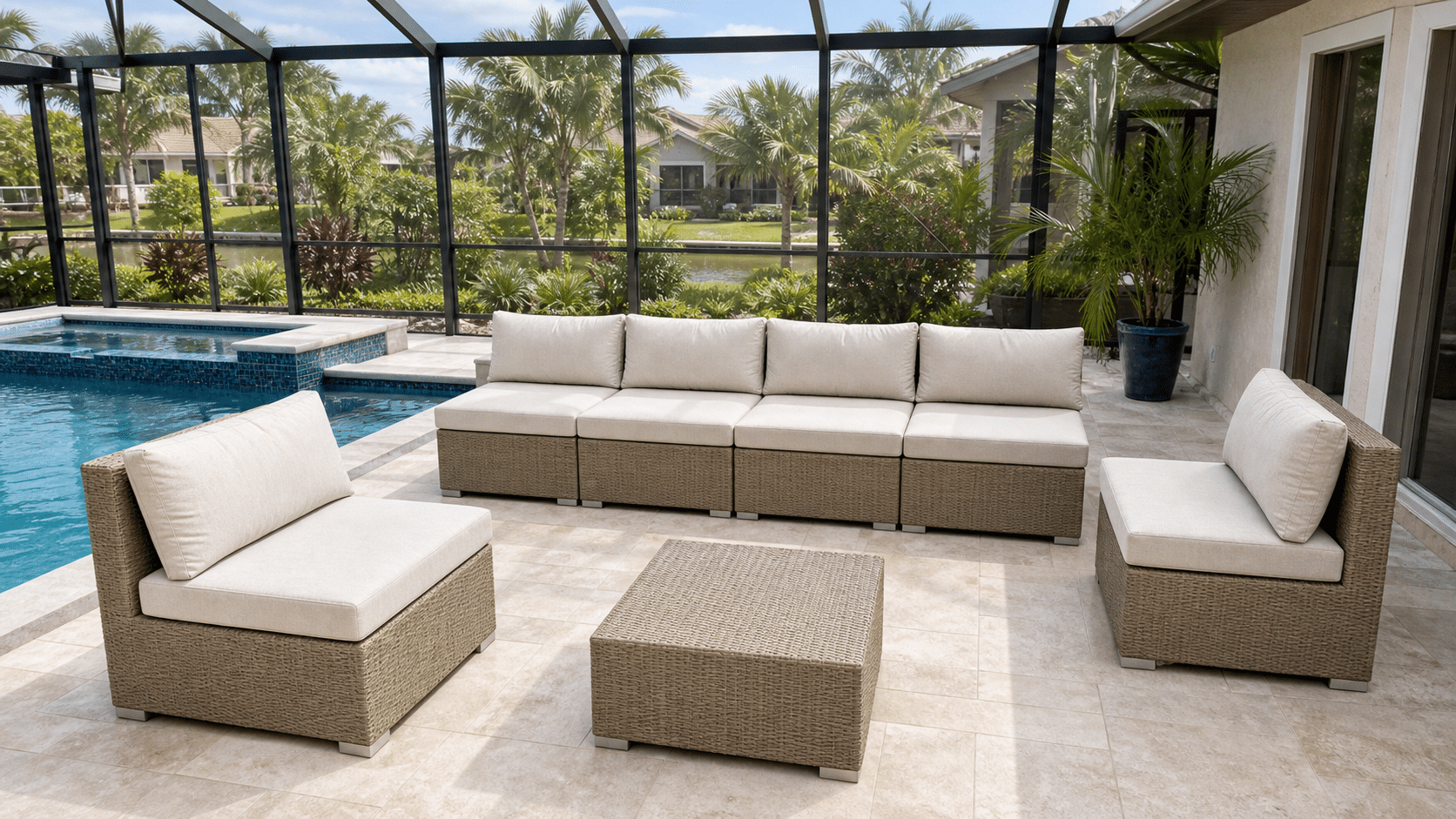 Modular outdoor sectional pieces reconfigured on a Florida pool deck