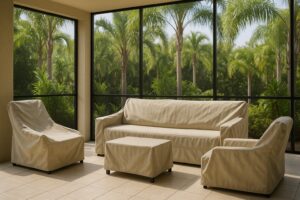 Covered lanai patio furniture prepared for Florida snowbird off-season storage