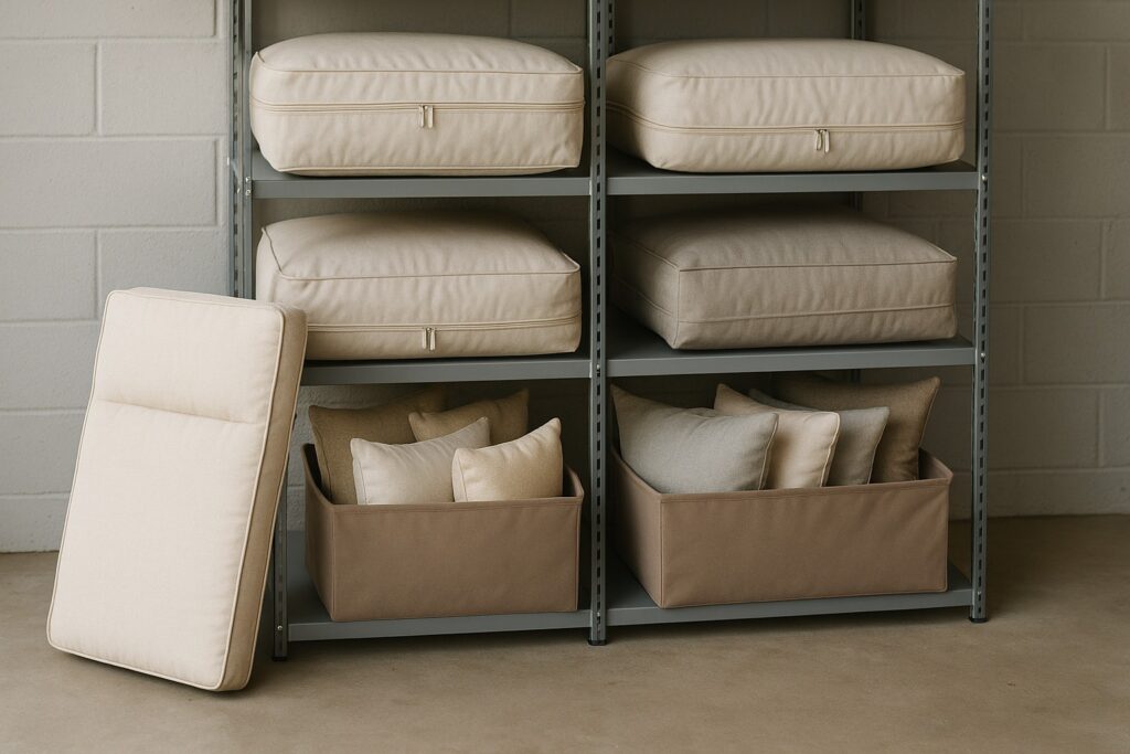 Patio cushions stored indoors in breathable bags for the Florida off-season