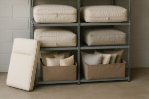 Patio cushions stored indoors in breathable bags for the Florida off-season