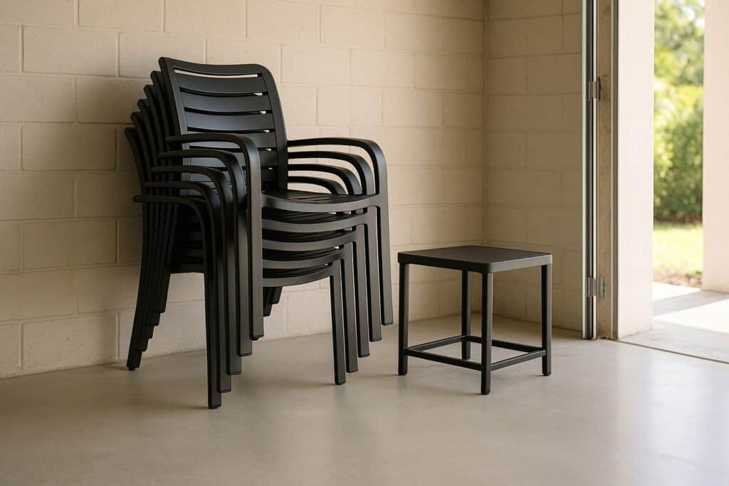 Stacked patio chairs stored in a sheltered garage before Florida hurricane season