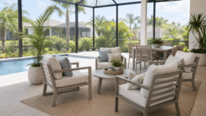 Florida patio furniture trend scene with powder-coated aluminum lounge seating on a screened lanai