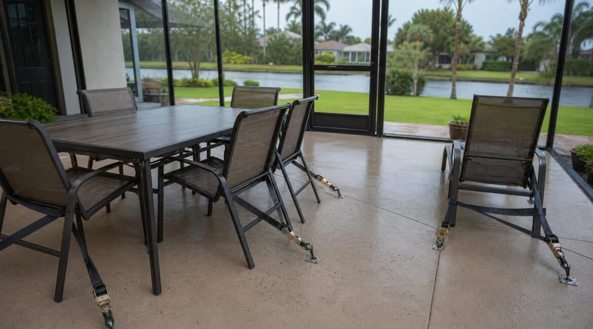 Patio furniture tied down with straps before a Florida hurricane