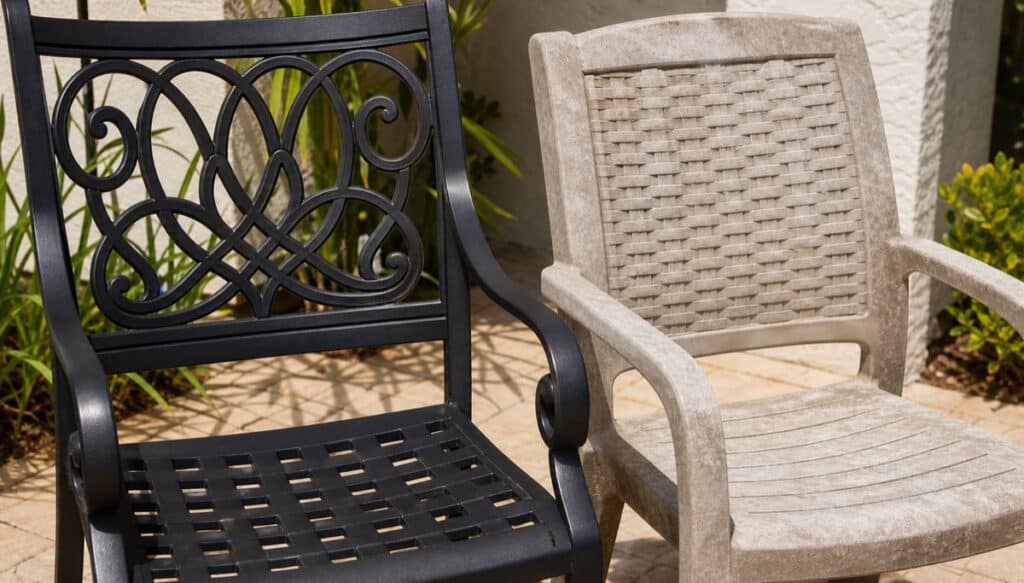 Cast aluminum and resin patio chair surfaces compared after Florida sun exposure