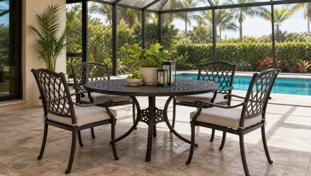Cast aluminum patio furniture on a Florida lanai in bright summer light