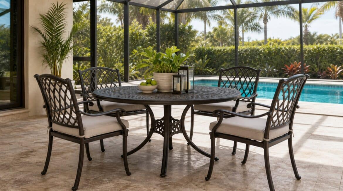 Cast aluminum patio furniture on a Florida lanai in bright summer light