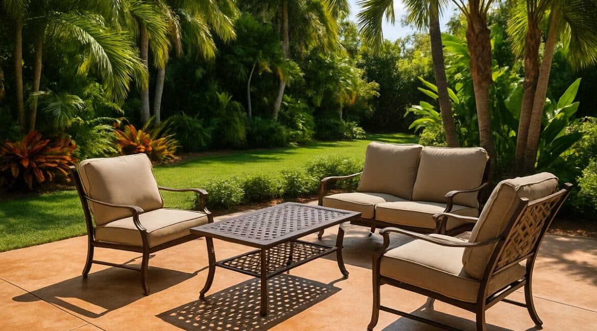 Bronze powder-coated aluminum patio furniture matched to a warm-toned stamped concrete patio in a Florida backyard
