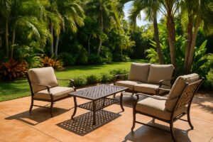 Bronze powder-coated aluminum patio furniture matched to a warm-toned stamped concrete patio in a Florida backyard