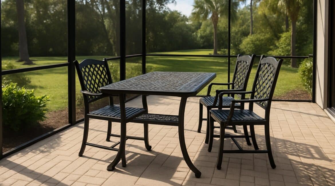 Accessible cast aluminum patio dining set with open wheelchair clearance on a Florida screened lanai