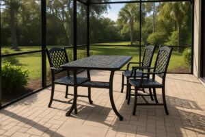 Accessible cast aluminum patio dining set with open wheelchair clearance on a Florida screened lanai