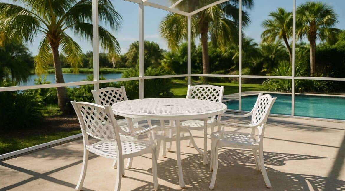 White powder-coated aluminum patio dining set staying cool on a sunny Florida lanai