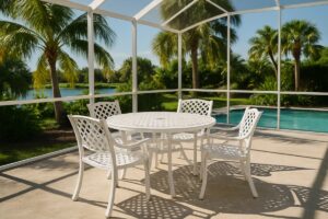 White powder-coated aluminum patio dining set staying cool on a sunny Florida lanai