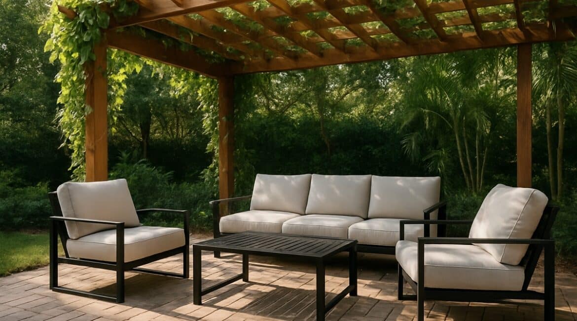 Powder-coated aluminum deep-seating patio furniture arranged under a wooden Florida pergola