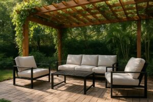 Powder-coated aluminum deep-seating patio furniture arranged under a wooden Florida pergola