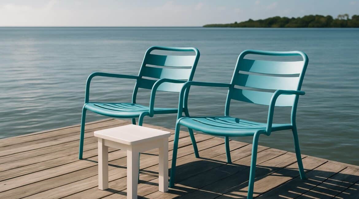 Corrosion-resistant aluminum patio chairs and side table on a Florida saltwater boat dock