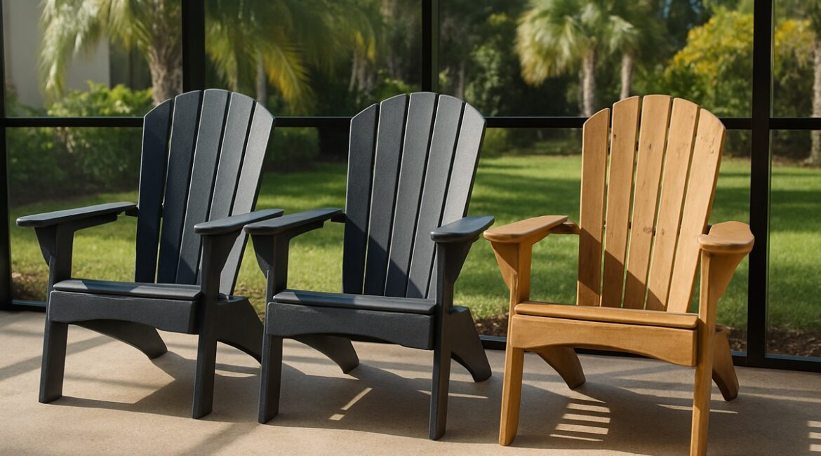 HDPE recycled-plastic Adirondack chairs beside a real wood Adirondack chair on a Florida lanai