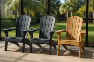 HDPE recycled-plastic Adirondack chairs beside a real wood Adirondack chair on a Florida lanai