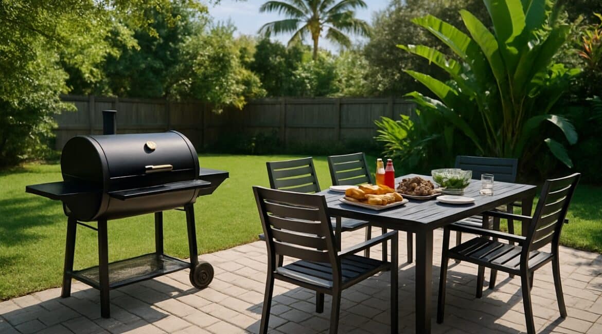 Outdoor smoker grill beside powder-coated aluminum patio dining furniture in a Florida backyard