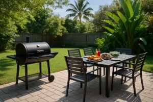 Outdoor smoker grill beside powder-coated aluminum patio dining furniture in a Florida backyard