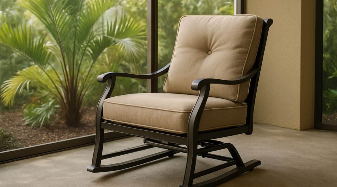 Powder-coated cast aluminum glide rocker chair with cushion on a screened Florida porch