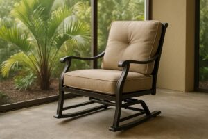 Powder-coated cast aluminum glide rocker chair with cushion on a screened Florida porch