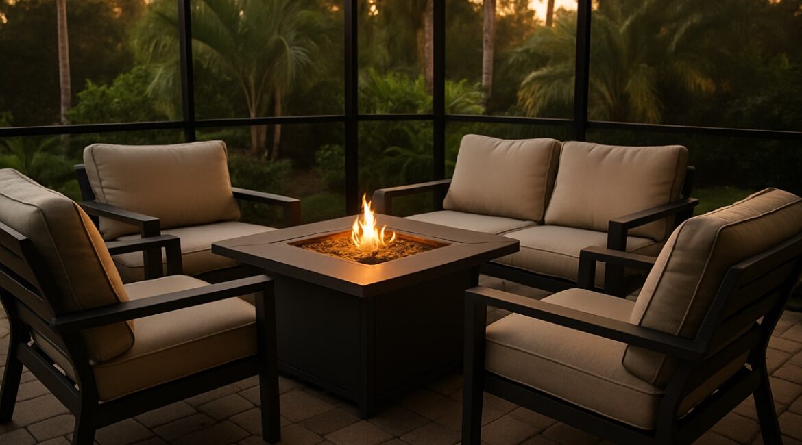 Fire pit conversation set with low gas flame and aluminum frames on a Florida lanai at dusk