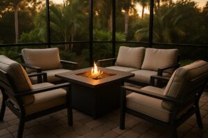 Fire pit conversation set with low gas flame and aluminum frames on a Florida lanai at dusk