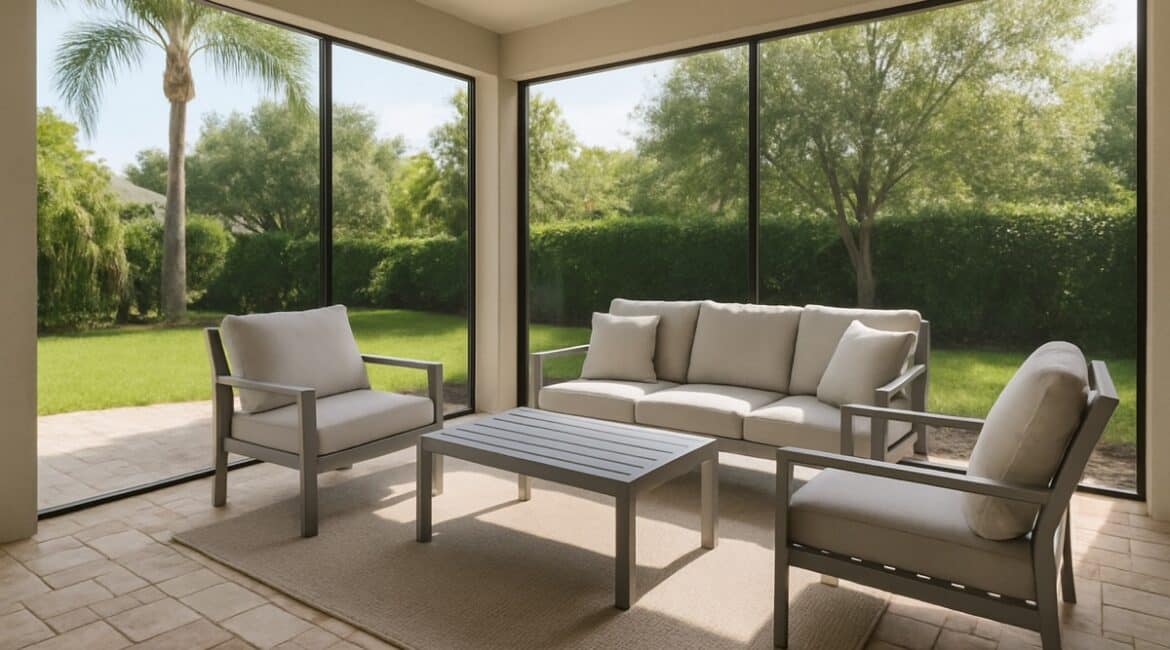 Powder-coated aluminum seating with a neutral outdoor rug on a Florida lanai paver patio