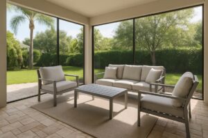 Powder-coated aluminum seating with a neutral outdoor rug on a Florida lanai paver patio