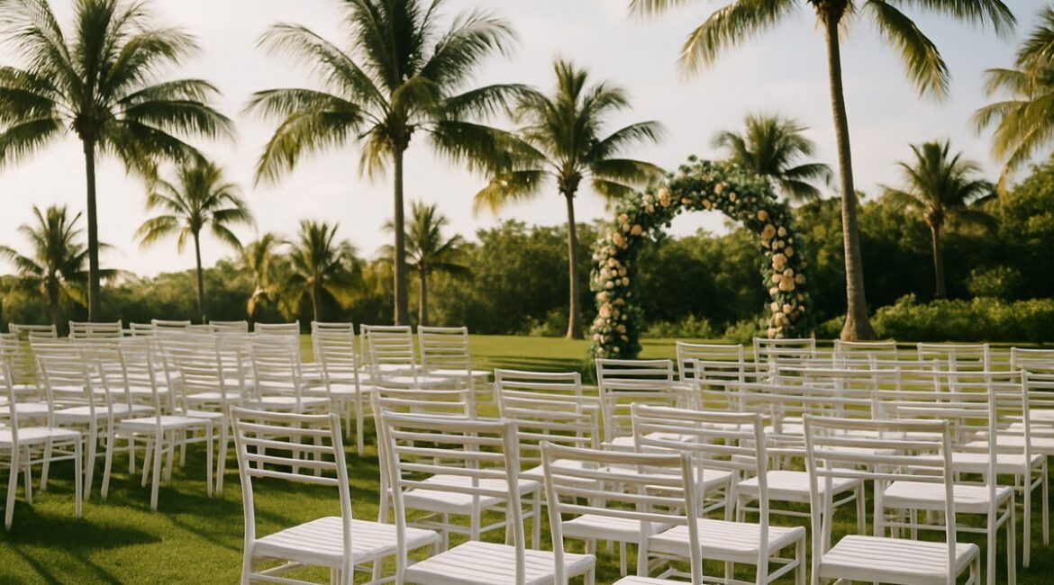 Rows of white powder-coated aluminum stacking chairs set up for an outdoor Florida wedding ceremony