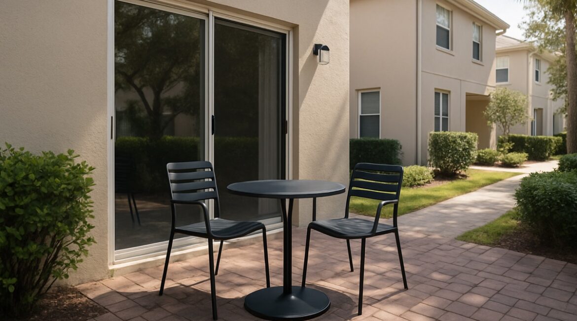 Compact aluminum bistro patio set on a Florida townhouse courtyard beside a sliding glass door