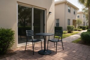 Compact aluminum bistro patio set on a Florida townhouse courtyard beside a sliding glass door