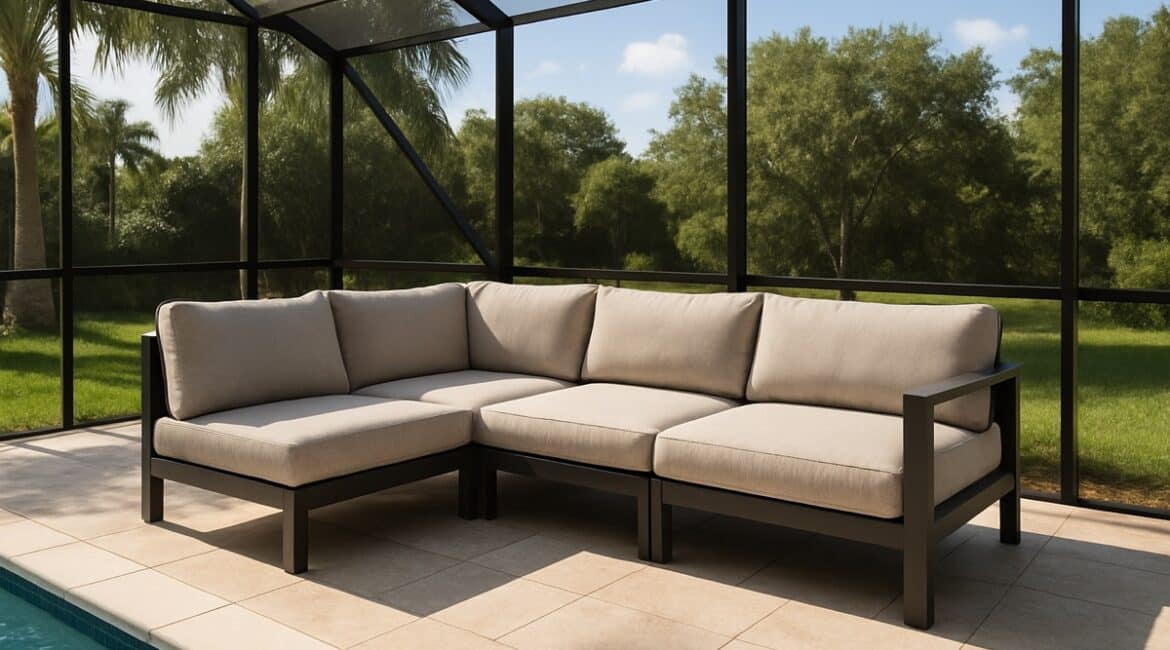 Powder-coated aluminum outdoor sectional on a screened Florida lanai beside a pool