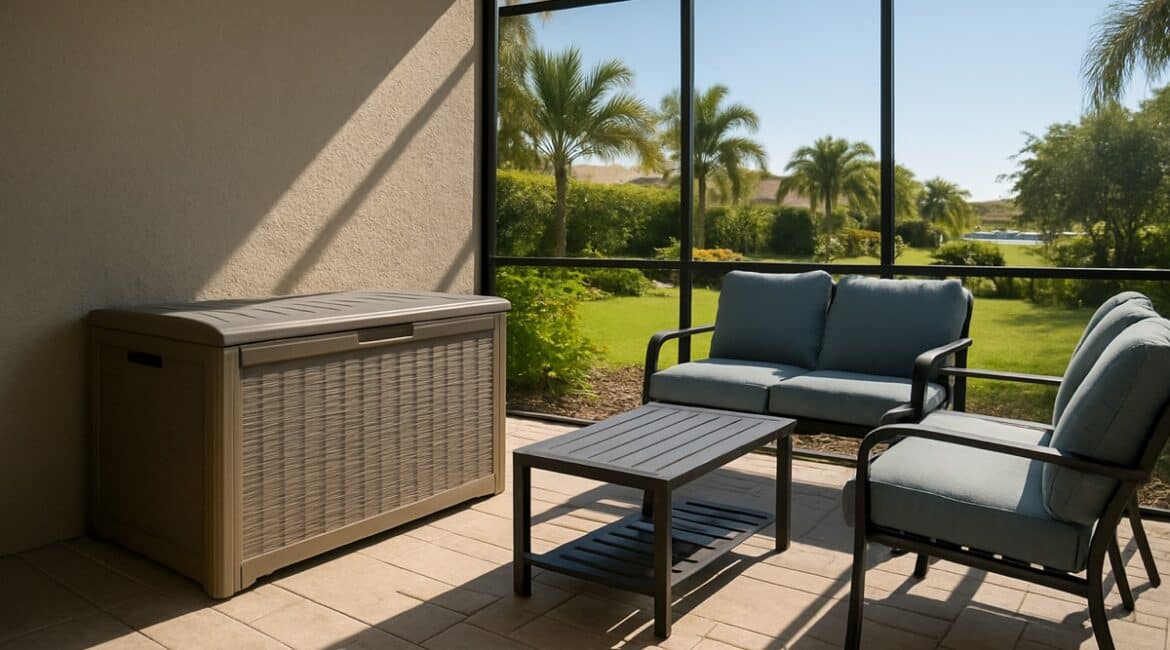 Weatherproof deck storage box for outdoor cushions beside aluminum patio furniture on a Florida lanai
