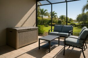 Weatherproof deck storage box for outdoor cushions beside aluminum patio furniture on a Florida lanai