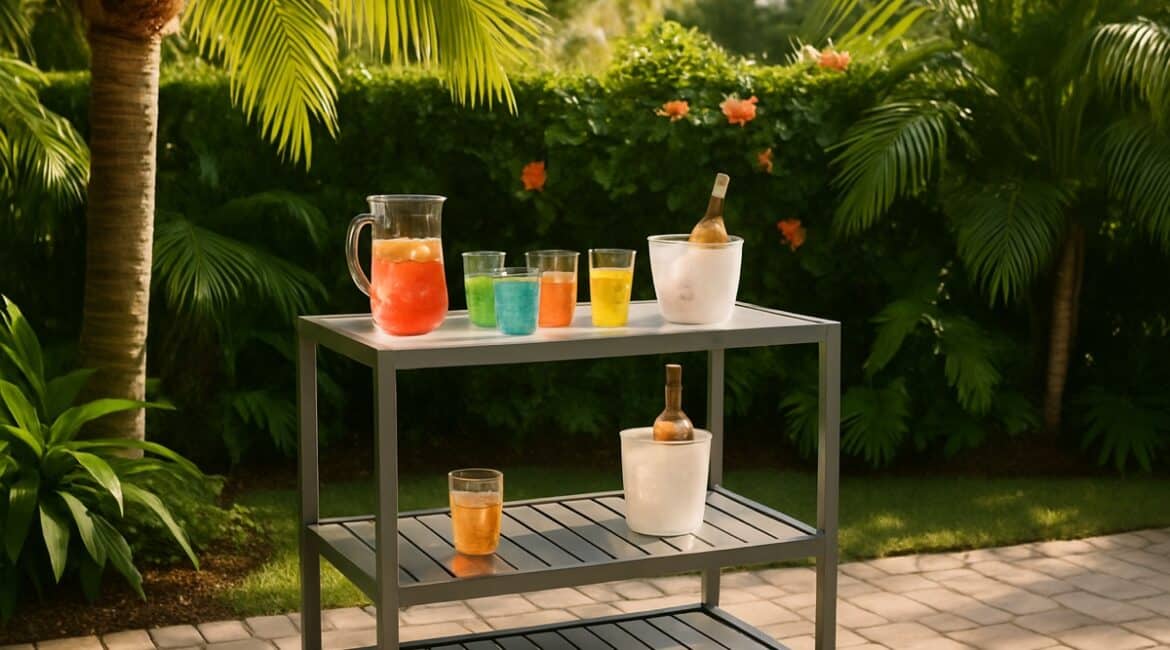 Powder-coated aluminum outdoor bar cart with glassware set up in a Florida backyard