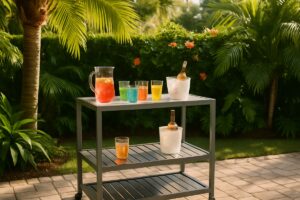 Powder-coated aluminum outdoor bar cart with glassware set up in a Florida backyard