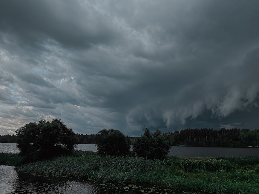 Outdoor cushions on a Florida patio with dark storm clouds approaching in the background