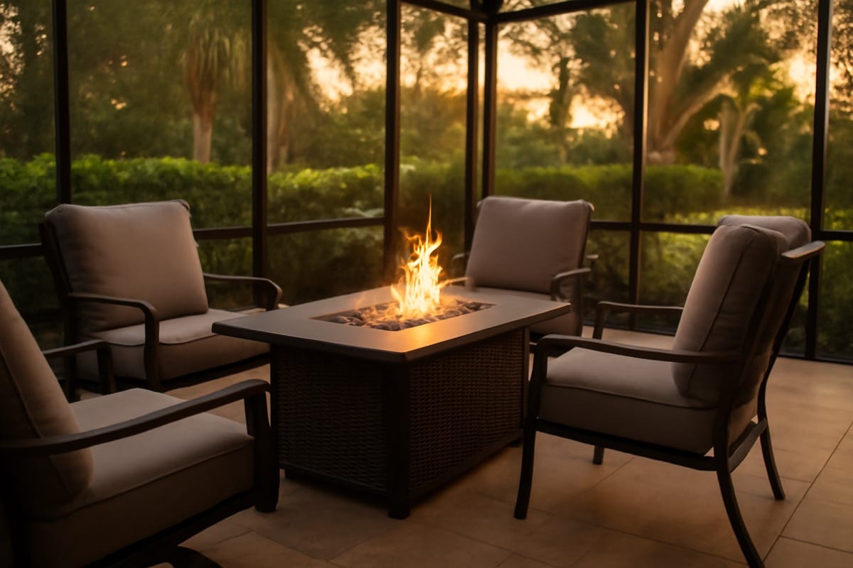 Cast aluminum fire pit table surrounded by patio seating in a coastal Florida backyard