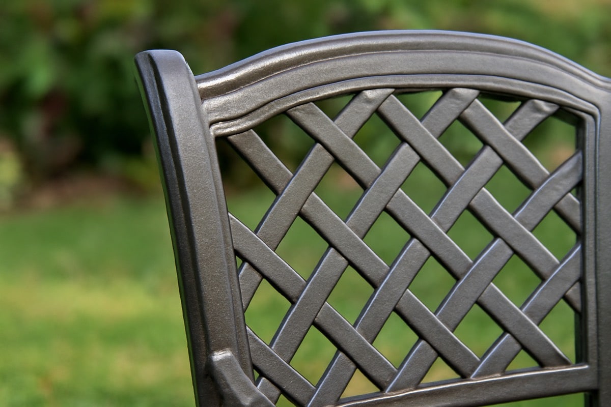 Cast aluminum dining set for entertaining on a covered Florida lanai with eight place settings