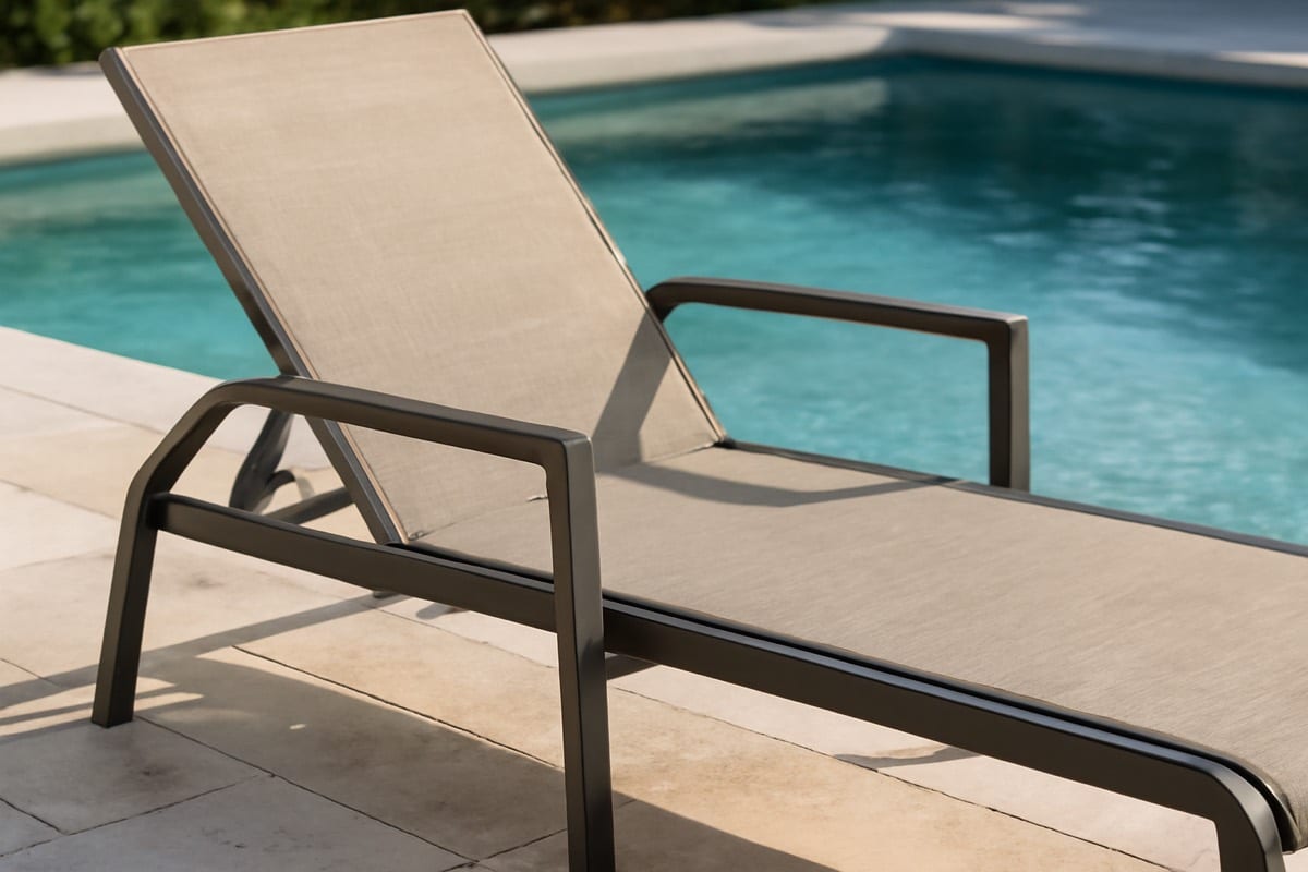 Aluminum sling chaise lounge on a sunny Florida pool deck